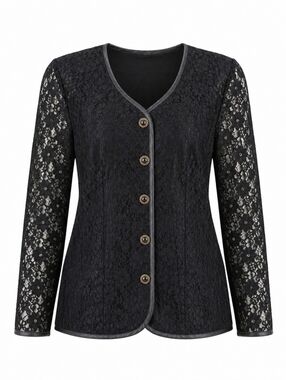 Vintage Lindor Black Lace V-Neck Women's Long Sleeve Gold Button Blouse Size L